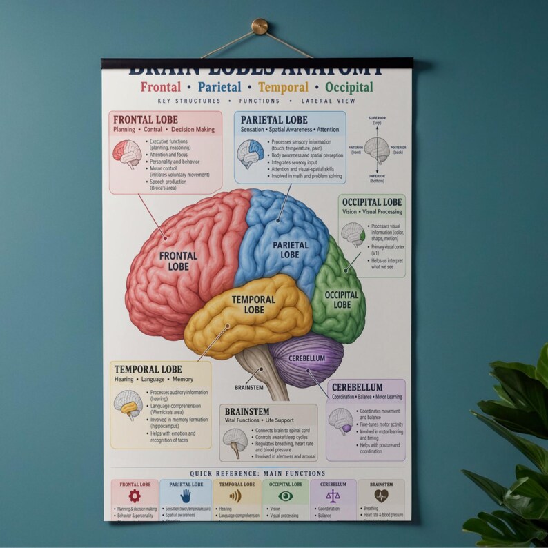 Brain Lobes Anatomy Poster Printable, Four-lobe Study Chart PDF - Etsy UK
