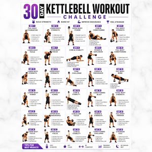 30-dagars kettlebell-träningsutmaning, helkroppsträningsrutin för ben, armar, core, hemmaträningsplanerare, styrke- och konditionsträning i PDF-format