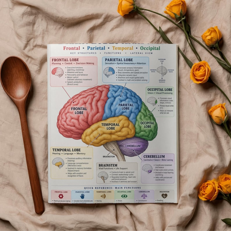 Brain Lobes Anatomy Poster Printable, Four-lobe Study Chart PDF - Etsy