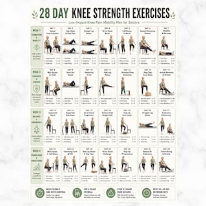 May include: A 28-day knee strength exercise chart for seniors featuring a grid of daily low-impact mobility routines. Each day includes illustrated figures demonstrating movements like seated extensions, squats, and leg raises with text instructions.