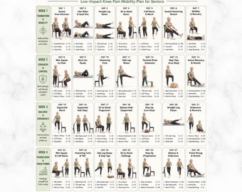 28 Day Knee Strength Exercises Printable PDF, Knee Pain Mobility Chart, Low Impact Home Workout for Seniors