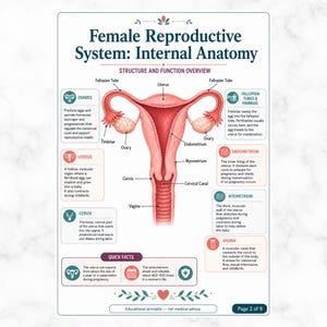 May include: An educational poster titled Female Reproductive System: Internal Anatomy. It features a central diagram of the uterus, ovaries, fallopian tubes, cervix, and vagina with labels and text boxes explaining the structure and function.