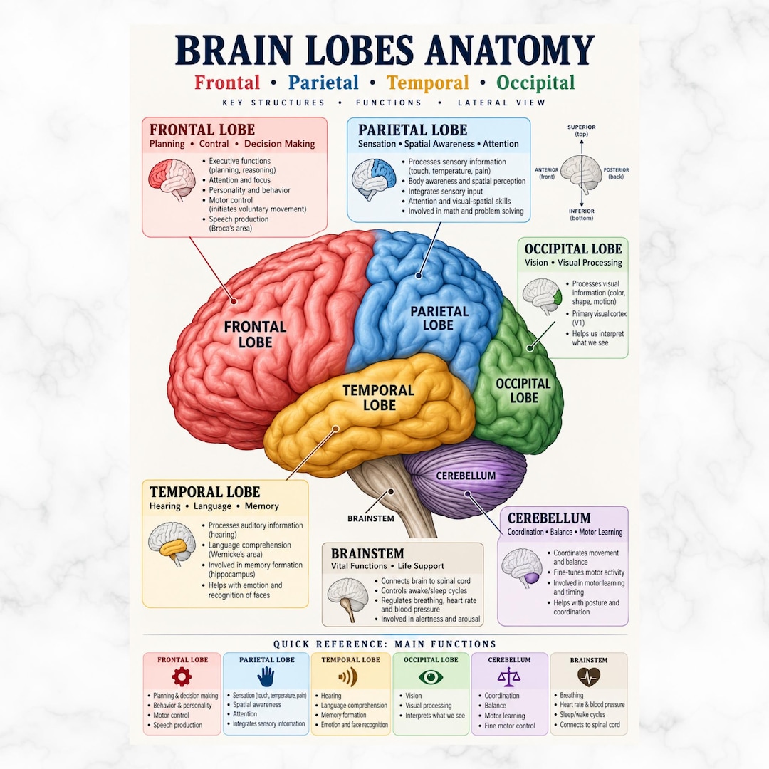 Brain Lobes Anatomy Poster Printable, Four-lobe Study Chart PDF - Etsy