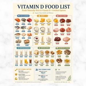 May include: A Vitamin D food list chart featuring categories for fish, seafood, dairy, eggs, meat, fortified beverages, and mushrooms. The infographic displays various food items with their respective IU values, daily guidelines, and health tips.
