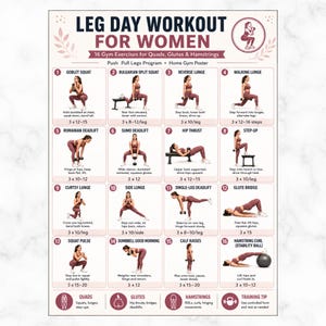 May include: A white gym poster titled Leg Day Workout For Women featuring 16 numbered exercise illustrations with instructions. Each section displays a person performing movements like squats, lunges, and deadlifts with dumbbells or a stability ball.