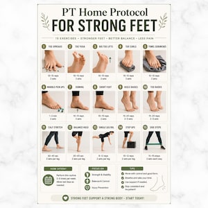 May include: A white instructional poster titled PT Home Protocol for Strong Feet featuring 15 numbered exercise illustrations with text instructions for toe spreads, yoga, curls, towel scrunches, marble pick ups, doming, short foot, and balance holds.