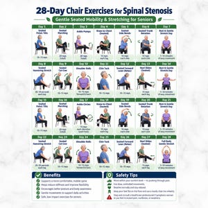 May include: A 28-day exercise chart titled 28-Day Chair Exercises for Spinal Stenosis, featuring a grid of illustrations showing seated movements for seniors. Each day includes specific instructions, repetition counts, and safety tips at the bottom.