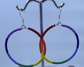 Rainbow Hoop Earrings, Seed Bead Earrings, Beaded Hoop Earrings, Beaded Rainbow Hoop Earrings