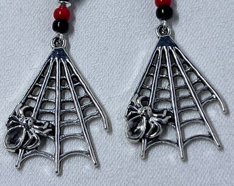 Long Red and Black Spider and Web Earrings for Halloween