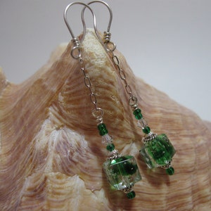 Green Cube and Sterling Silver Chain Dangle Earrings