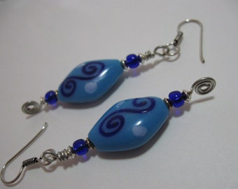 Blue Swirl Lampwork Bead Earrings