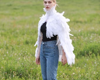 White Goose Feather Shawl | Feather Wrap for Halloween Cosplay, Bridal Costume, Bird-Themed Outfit & Stage Performance