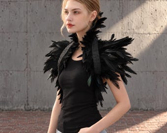 Natural Feather Cape Shawl | Feather Wings | Gothic Witch Costume | Raven Crow Costume | Halloween Cosplay | Showgirl | Bird Costume