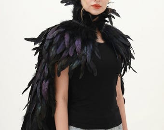 Black Feather Cape Shawl – Gothic Feather Cape, Carnival Cosplay Feather Wrap, Performance Stage Costume Accessory