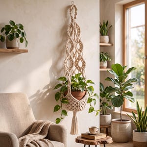 Peut inclure: Une suspension pour plantes en macramé de couleur crème, dotée d'un motif complexe de nœuds avec des ouvertures en forme de losange et un long pompon à la base. Elle contient un pot en terre cuite avec une plante pothos aux feuilles vertes.