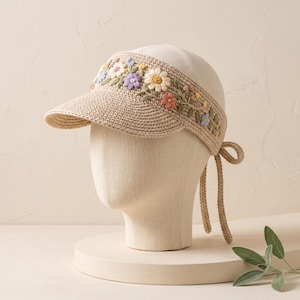Crochet Sun Visor Pattern, Floral Open Crown Summer Hat PDF, Adult Size