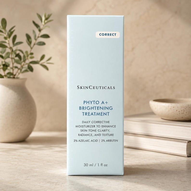 May include: A light blue rectangular skincare product box labeled SkinCeuticals Phyto A+ Brightening Treatment. The text includes Daily Corrective Moisturizer to enhance skin tone clarity, radiance, and texture, 3% Azelaic Acid, 2% Arbutin, and 30 ml / 1 fl oz.