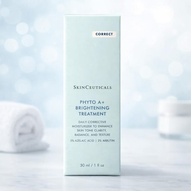 May include: A rectangular light blue SkinCeuticals Phyto A+ Brightening Treatment box. The text reads: Correct, SkinCeuticals, Phyto A+ Brightening Treatment, daily corrective moisturizer to enhance skin tone clarity, radiance, and texture, 3% azelaic acid, 2% arbutin, 30 ml / 1 fl oz.