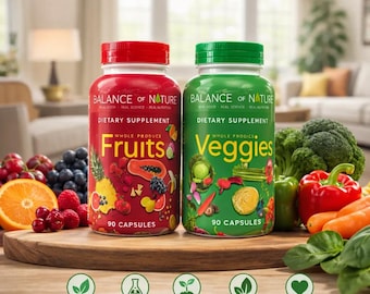 Cápsulas de frutas y verduras, suplemento alimenticio diario para el bienestar, de origen vegetal, 180 cápsulas.