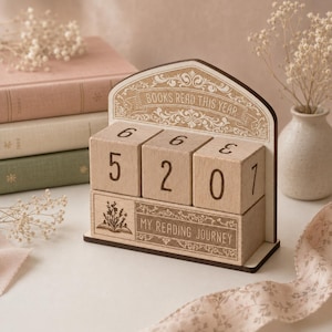 Contatore di libri letti quest'anno in legno, con blocchi numerici, regalo per amanti dei libri, decorazione accogliente per la libreria.