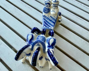 Vintage Gzhel Hand Painted couple with 3 Horse-Drawn Cart from USSR
