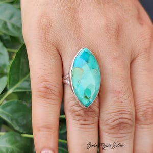 Handmade Kingman Turquoise Silver Ring, Large Leaf Shaped Statement Ring, Marquise Cabochon Ring, Bezel Boho Ring, Mother's Day Gift