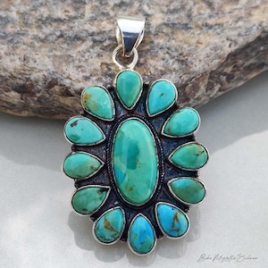 Natural Kingman Turquoise Cluster Pendant, Sterling Silver Handmade Sunflower Native Inspired Medallion, Multi-Stone Statement Necklace
