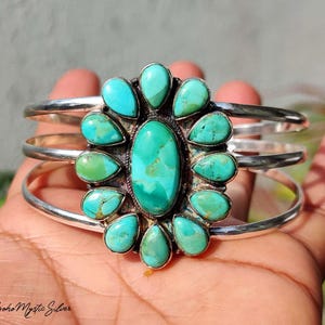 Kingman Turquoise Cluster Cuff Bracelet, Handmade Sterling Silver Boho Jewelry, Southwestern Teardrop Multi Stone Bangle, Gift For Her