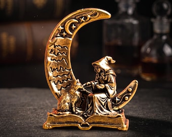 Brass Moon Wizard Figurine, Dark Academia Desk Decor, Gothic Witch Cat Sculpture, Vintage Oddities Gift, Miniature Book Statue
