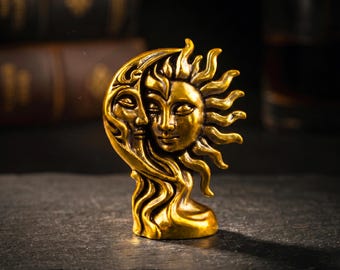 Massivem Messing Sonne Mond Figur, Miniatur Dark Academia Celestial Art, Schreibtisch Dekoration, Gothic Skulptur aus gegossenem Metall, Vintage Finish