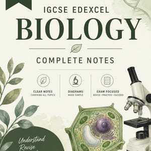 Op de afbeelding: Een studiehandleiding met de titel IGCSE EDEXCEL BIOLOGY COMPLETE NOTES. Het heeft een groen en wit kleurenschema met een microscoop, een illustratie van een plantencel en DNA-strengafbeeldingen. Tekst bevat Clear Notes, Diagrams Made Simple en Exam Focused.