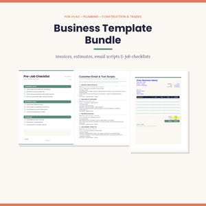 Op de afbeelding: Een zakelijk sjabloonpakket voor HVAC, loodgieterswerk en bouw, inclusief een checklist voor aanvang van de werkzaamheden, e-mail- en tekstscripts voor klanten en een factuurformulier. De documenten hebben een strakke lay-out met donkere tekst en groene accenten.