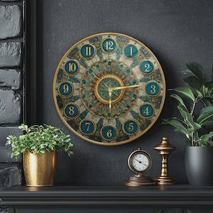 Puede incluir: Un reloj de pared redondo con marco dorado y esfera con motivos en azul cerceta y oro, que presenta doce marcadores circulares con números dorados del uno al doce. El reloj tiene manecillas doradas centradas en un diseño de mandala decorativo.