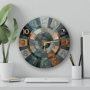 Retro wandklok, klok van gehard glas, kleurrijk geometrisch ontwerp, woondecoratie uit het midden van de eeuw