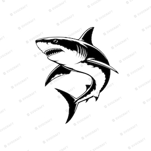 May include: A black and white graphic illustration of a shark in a dynamic swimming pose. The shark is depicted with its mouth slightly open, showing sharp teeth, and its body is angled upward with fins extended, rendered in high contrast.