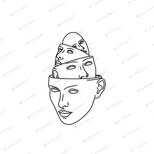 May include: A black and white line art illustration featuring a human head with an open top. Three stacked, smaller face silhouettes emerge from the open cranium, each depicted with simple, clean lines against a plain white background.