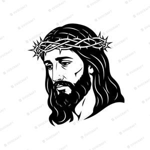 May include: A black and white graphic illustration of the head of Jesus, featuring long hair, a full beard, and a crown of thorns resting on the head. The figure is depicted in profile, looking downward with a somber expression and sharp lines.