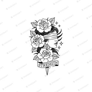 Strength Tattoo Design SVG PNG, Blindfolded Woman with Roses Clipart, Inspirational Vinyl Cut File for Cricut Sublimation