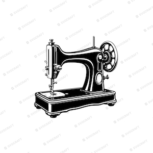 May include: A black and white graphic illustration of a vintage sewing machine. The design features a classic mechanical body with a prominent hand wheel on the right side, a needle bar, and a flat base, rendered in high contrast ink style.