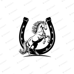 May include: A black and white graphic illustration featuring a rearing horse positioned in front of a large horseshoe. The horse is depicted with a flowing mane and tail, while the horseshoe displays distinct nail holes along its curved frame.