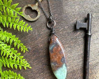 Brown chrysoprase pendant // Rustic industrial jewelry // Gothic style // Dark aesthetic // Green and brown pendant