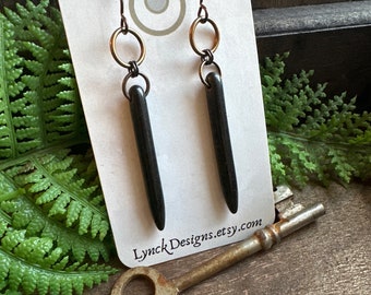 Black magnesite earrings // Black stone dagger earrings // Rustic bead earrings // Gothic style earrings // E-036