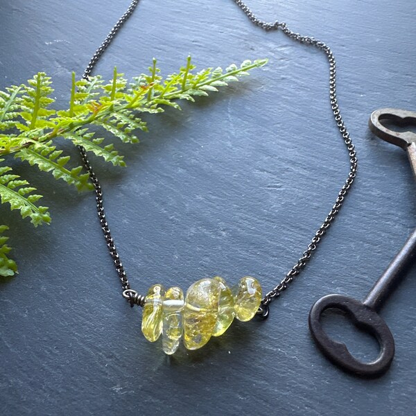 Rock crystal necklace // Green quartz necklace // Minimalist necklace // Gothic style necklace // Rustic gothic industrial jewelry