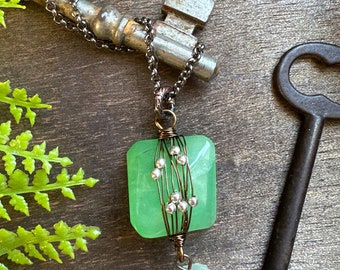Green asymmetric stone pendant // Bead wrapped pendants // Unique stone pendant // Bead and wire wrapped pendant