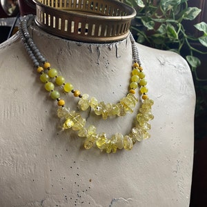 Two strand necklace // Stone necklace // Vintage-inspired beaded necklace // Rustic 2 strand necklace // Grey and yellow necklace