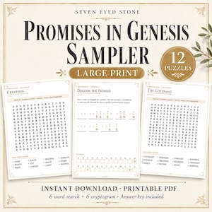May include: A printable PDF collection titled Seven Eyed Stone Promises in Genesis Sampler featuring 12 large print puzzles. The set includes word search grids like Creation and The Covenant, plus a cryptogram puzzle titled Decode the Promise.