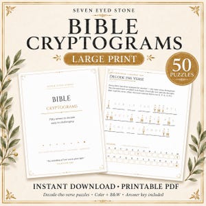 以下が含まれることがあります： Seven Eyed StoneによるBible Cryptograms Large Printと題された印刷可能なPDFで、50のパズルが含まれています。表紙とパズルのサンプルページが表示されており、テキスト、デコード用グリッド、および聖句を解読するための手順が記載されています。