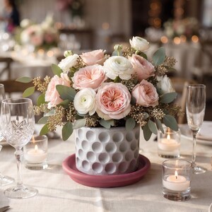 May include: A floral arrangement featuring soft pink and white garden roses and ranunculus flowers in a grey cylindrical pot with a dimpled texture. The pot sits on a dark pink saucer, surrounded by eucalyptus leaves and small filler sprigs.