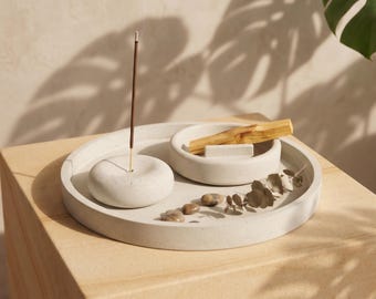 Minimalist Incense Holder Set | 3-Piece Concrete Ash Catcher | Palo Santo Smudge Stick Tray | Aesthetic Housewarming Wellness Gift
