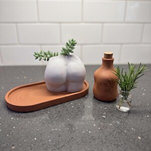 May include: An oval terracotta-colored tray holding a white, buttocks-shaped planter with a green succulent. Beside it sits a terracotta-colored oil bottle with a cork stopper and a small glass vase containing green rosemary sprigs.